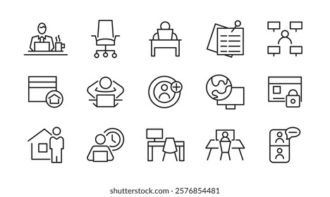 Work from home line icon set.  Contains such Icons as a freelancer, Remote work, Coworking, Video Conference, hybrid work, digital nomad, and Remote work line icon set. UI thin line icon pack.