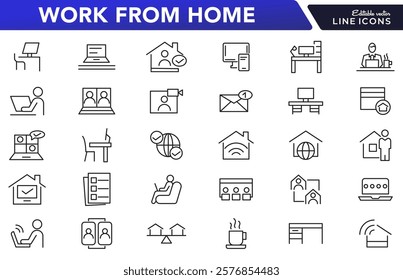 Work from home line icon set.  Contains such Icons as a freelancer, Remote work, Coworking, Video Conference, hybrid work, digital nomad, and Remote work line icon set. UI thin line icon pack.