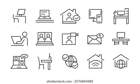 Work from home line icon set.  Contains such Icons as a freelancer, Remote work, Coworking, Video Conference, hybrid work, digital nomad, and Remote work line icon set. UI thin line icon pack.