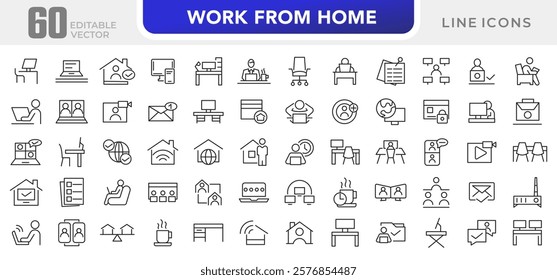 Work from home line icon set.  Contains such Icons as a freelancer, Remote work, Coworking, Video Conference, hybrid work, digital nomad, and Remote work line icon set. UI thin line icon pack.