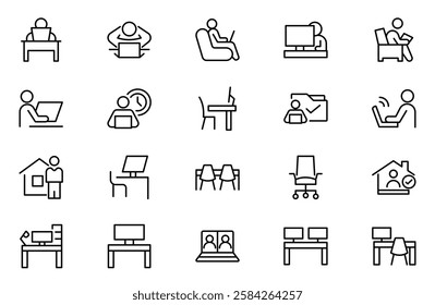 Work from home line icon set. Contains such Icons as a freelancer, Remote work, Coworking, Video Conference, hybrid work, digital nomad, and Remote work line icon set.