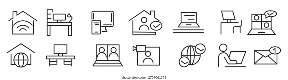 Trabajar desde el conjunto de iconos de línea de inicio.  Video Contiene iconos como un autónomo, trabajo remoto, coworking, conferencia, trabajo híbrido, nómada digital y conjunto de iconos de línea de trabajo remoto. Paquete de iconos de línea delgada de interfaz de usuario.