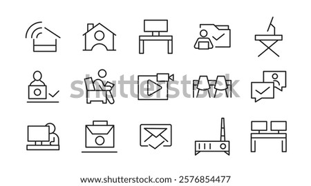 Work from home line icon set.  Contains such Icons as a freelancer, Remote work, Coworking, Video Conference, hybrid work, digital nomad, and Remote work line icon set. UI thin line icon pack.