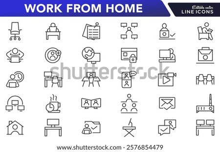 Work from home line icon set.  Contains such Icons as a freelancer, Remote work, Coworking, Video Conference, hybrid work, digital nomad, and Remote work line icon set. UI thin line icon pack.