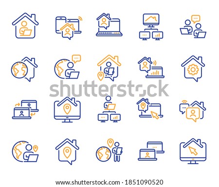 Work at home line icons. Remote worker, Freelance job, Office employee. Stay at home, internet work, remote teamwork line icons. Worker with computer, home workspace, shared network. Vector