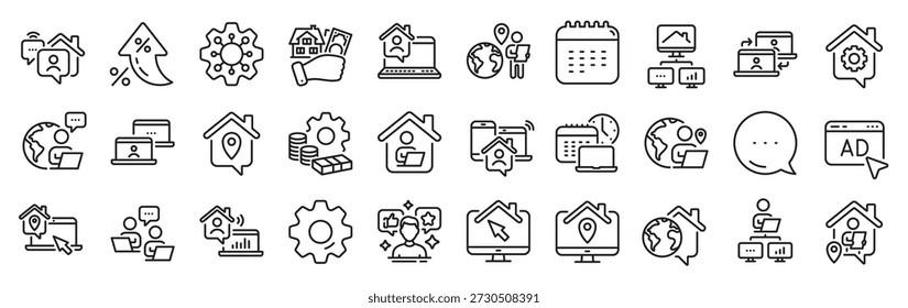 Trabalhe em ícones de linha de casa. Configurações de engrenagem, Mensagem, Ícones de inflação. Trabalhador remoto, trabalho freelance, funcionário do escritório. Fique em casa, trabalho na Internet, ícones de linha de trabalho em equipe remoto. Vetor