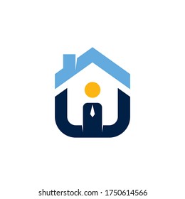 Work at home. Logo concept of house, initial letter W and human, simple modern logo style, blue color on white background