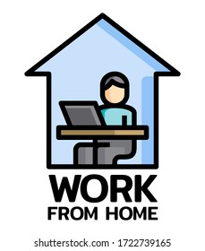 Logo de Work From home. Logo de la campaña de protección del coronavirus COVID 19. Llamado de autoaislamiento como signo o símbolo. Concepto de prevención de virus. Ilustración vectorial.