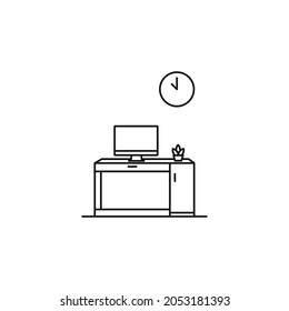 Arbeiten Sie vom Home-Logo, Tischschreibsymbol. Arbeitsplatz, Home- oder Büroschreibdesign, Vektorgrafik