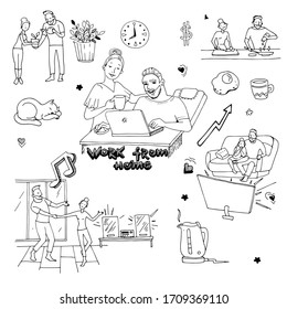 work from home, a man at a computer, near a woman gives him tea