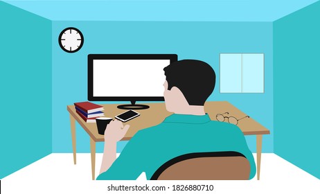 Work at home with man computer phone book