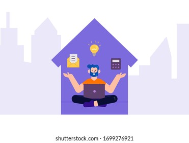 Work from Home Man Freelancer Flat Style Vector Illustration 