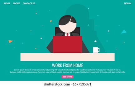 Trabajar Desde Casa. El hombre o el freelancer trabajan delante de la computadora portátil. Diseñado para fondo, página de inicio, etc.