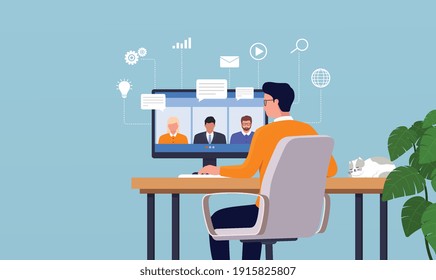 Work from home man having a video conference with his colleagues. Online people work together. Remote teamwork concept.