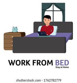 Work From Home, a Man Sitting on Bed and Work with Laptop, Meeting Online Concept Character Illustration Vector