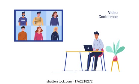 Work from home. Man use laptop online meeting and group video conference in home. Vector Illustration