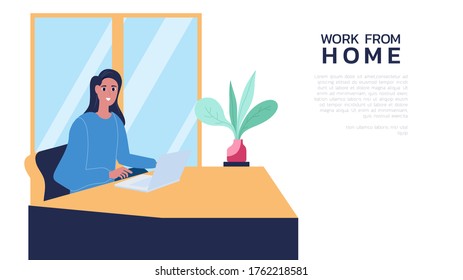 Work from home. Man use laptop online meeting and group video conference in home. Vector Illustration