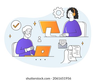 Work from home. Man and woman sitting at laptop and computer and performing tasks. Remote work or freelance. Flexible schedule and comfortable conditions. Cartoon doodle flat vector illustration