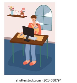 work from home. A man is working with a baby. flat design style minimal vector illustration.