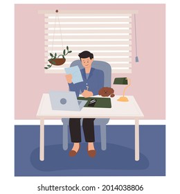 von zu Hause aus arbeiten. Ein Mann arbeitet von zu Hause aus, und ein süßer Welpe stört ihn neben ihm. minimale Vektorgrafik im flachen Design.