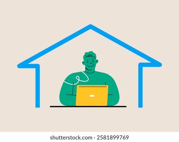 Work at home. Man works from home. Colorful vector illustration
