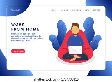 Work from home. A man works at a laptop. Freelancer. Remote work. Modern web pages for web sites.