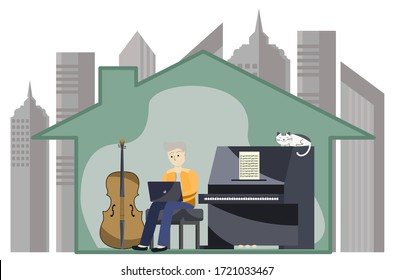 Work from home. a man works on computer laptop at music home studio with instrument classical music piano and cello. Background of business city building architecture.