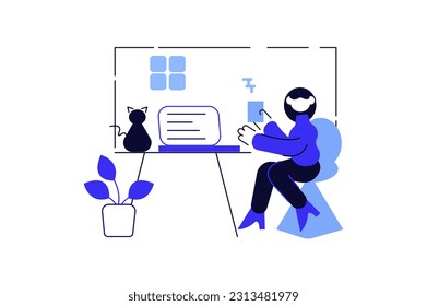 Work from home minimalistic concept with people scene in the flat cartoon style. A woman works from home and watches her cat. Vector illustration.