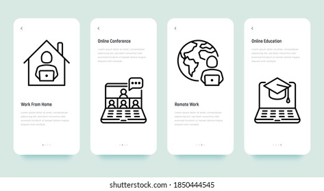 Work from home mobile user interface wuth thin line icons: online conference, freelancer, online education. Vector illustration, template with copy space.