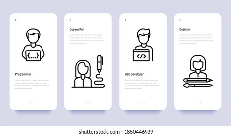 Work From Home Mobile User Interface With Thin Line Icons: Programmer, Developer, Copywriter, Web Designer, Product Manager, Internet Marketing. Vector Illustration.