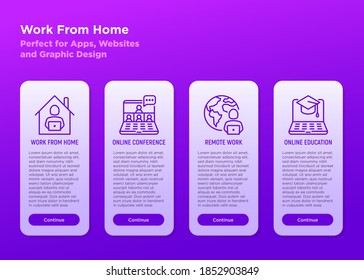 Work from home mobile user interface wuth thin line icons: online conference, freelancer, online education. Vector illustration, template with copy space.