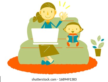 work at home, mom and daughter