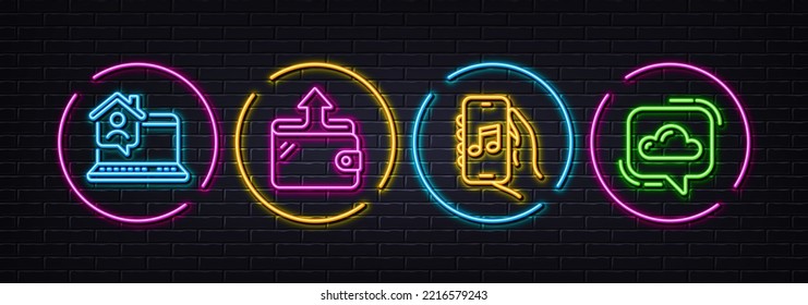 Work Home, Music App And Wallet Minimal Line Icons. Neon Laser 3d Lights. Cloud Communication Icons. For Web, Application, Printing. Freelance Work, Musical Note, Send Money. Online Message. Vector