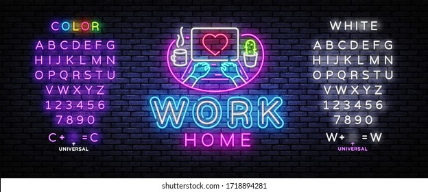 Work Home Neon concept coronavirus COVID-19. The company allows employees to work from home to avoid viruses. Vector illustration. Editing text neon sign.