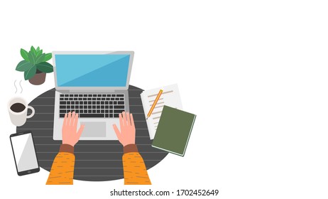 Work At Home with a Notebook, Smartphone, Documents and Coffee. Stop Virus epidemic outbreak. Reduce the epidemic concept. Flat Design Illustration