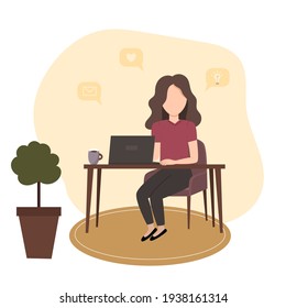 Trabajar desde casa en la computadora portátil. Ilustración del vector