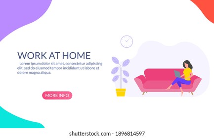 Work at home or home office banner with woman sitting on a sofa or couch and working at a laptop. Freelance or online studying concept. Vector illustration.