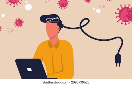Work at home office business burnout. Corona virus quarantine stress exhausted social trouble. Headache for job people online. Vector illustration freelance character workplace for epidemic outbreak