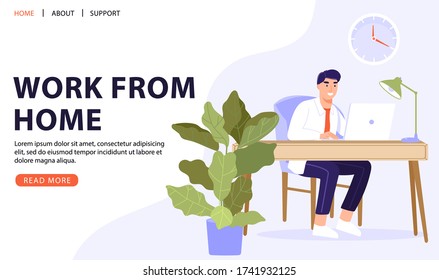 Work at home or office work concept design. Freelance man sitting in workplace at table and working on laptop. Comfortable conditions for job. Vector web page banner illustration.