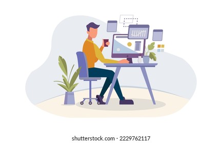 Work at home or office concept design. Freelance man working on laptop at her office or house, dressed in casual clothes. Vector illustration isolated on white background. Online study, education.