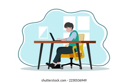 Work at home or office concept design. Freelance man working on laptop at her office or house, dressed in casual clothes. Vector illustration isolated on white background. Online study, education.