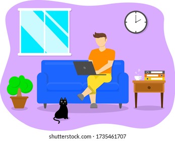 Work from home, Home office concept. Man siting on sofa and working on laptop.