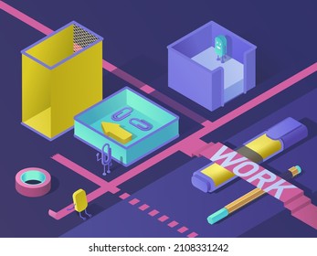 Work from home or office. Concept working tools in progress. 3d Workspace isometric vector illustration. Vector business desk concept. Stationery products help streamline the work process
