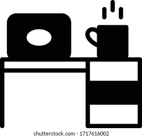 Work from Home Office Desk Concept Vector Glyph Icon, Laptop Table and Hot Tea Cup Design with Edge Draw on white background