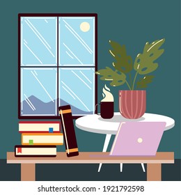 work to home, office desk laptop books coffee cup plant and window vector illustration