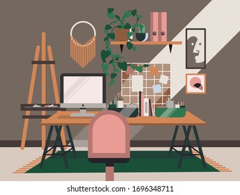 Work from home - Home office. Freelance artist workspace with computer, mind map, easel, folders, plants, brushes, paintings and carpet. Vector illustration. Artist's illustrator's creative workspace.