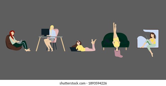 Work from home, home office, freelance, destance education, online confirence, customer service. Girl with laptop. Set of cute vector illustrations in flat style.