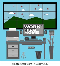 Work From Home Office Interior. Covid-19 Coronavirus Concept. Flat Vector