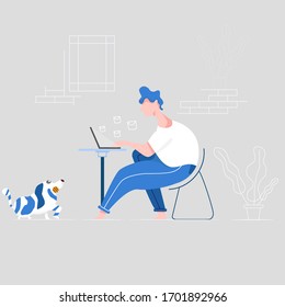 Work at home. Home office. A man working from home on a laptop. Vector illustration in a flat style.