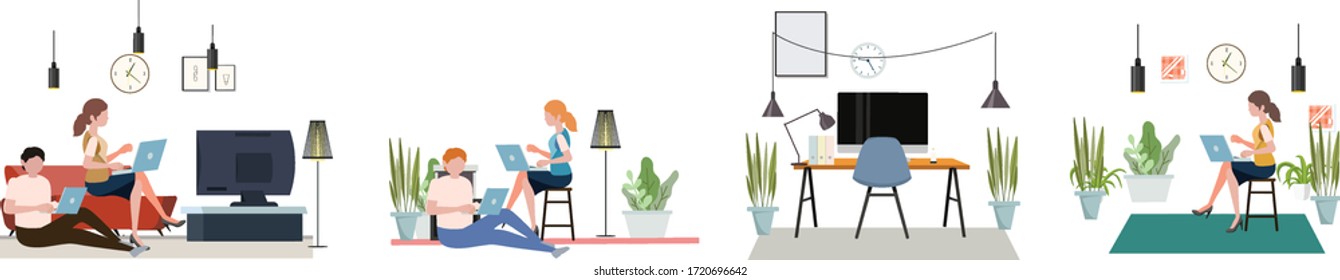 work at Home Office modern flat vector concept digital illustration home office metaphor, a freelancer people working at home coronavirus lifestyle